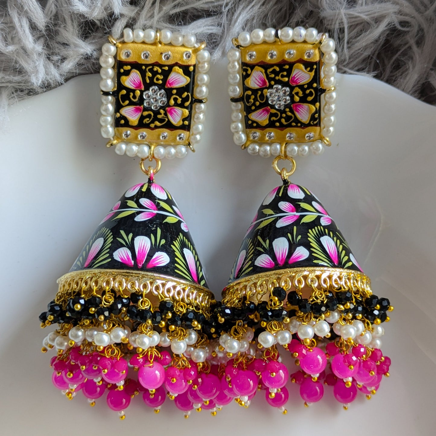 Black Meenakari Handpainted Jhumka Earring