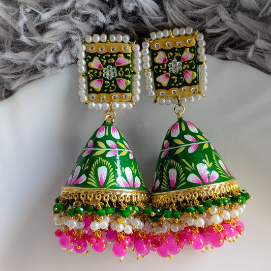 Green Meenakari Handpainted Jhumka Earring