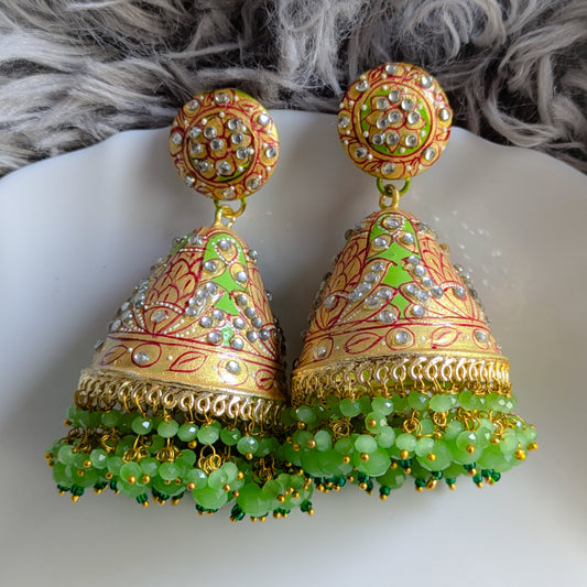 Green Tanjore Art Handpainted Jhumka Earring