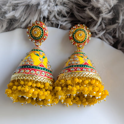 Yellow Tanjore Art Handpainted Jhumka Earring