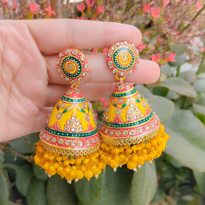 Yellow Tanjore Art Handpainted Jhumka Earring