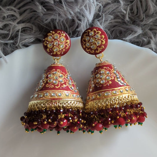 Red Tanjore Art Handpainted Jhumka Earring