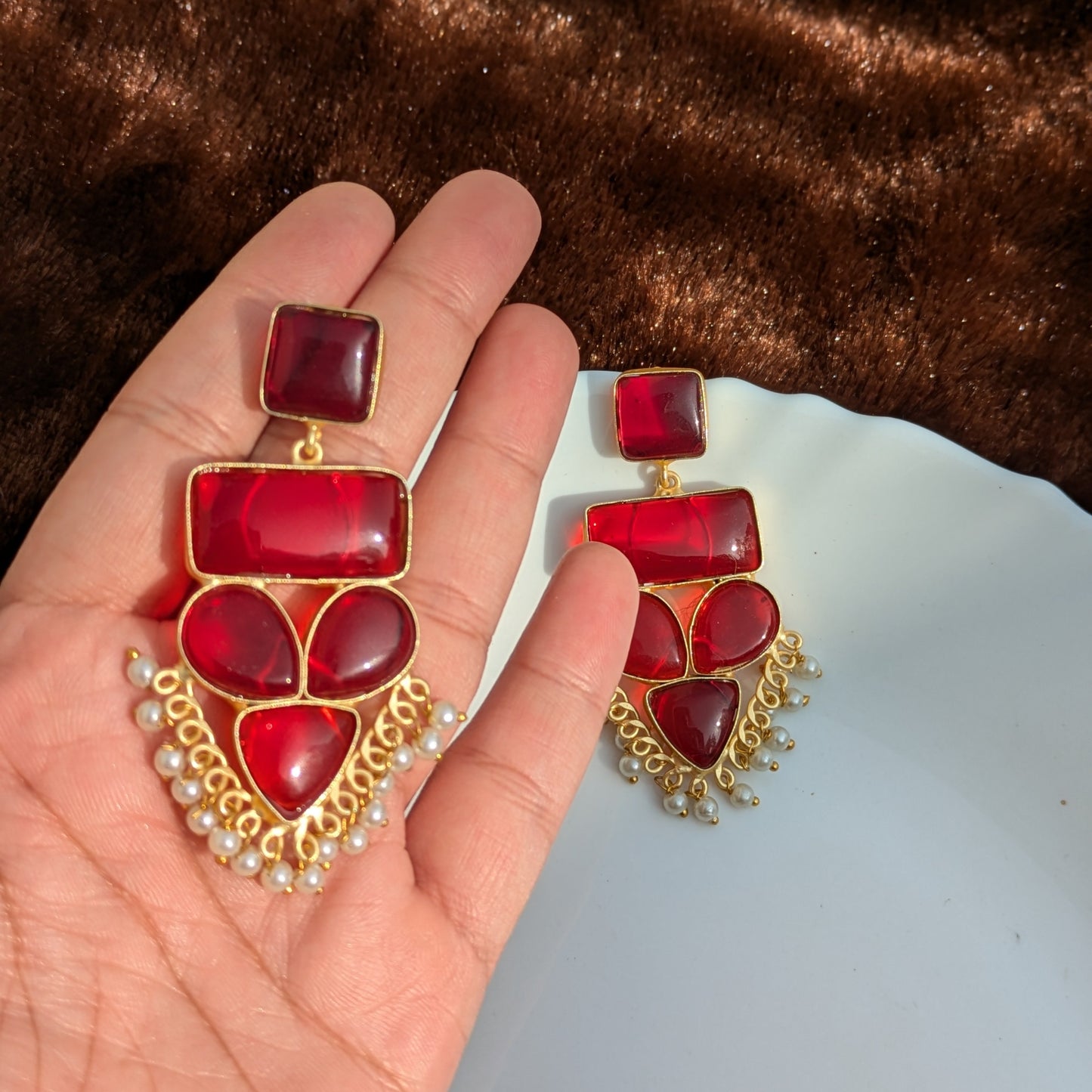 Red Geometric Monalisa Stone Earring