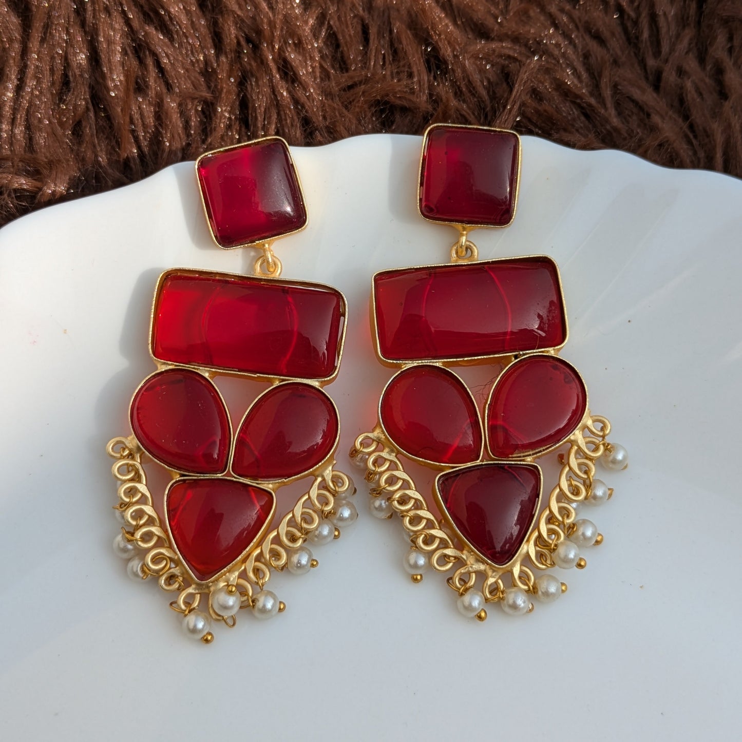 Red Geometric Monalisa Stone Earring