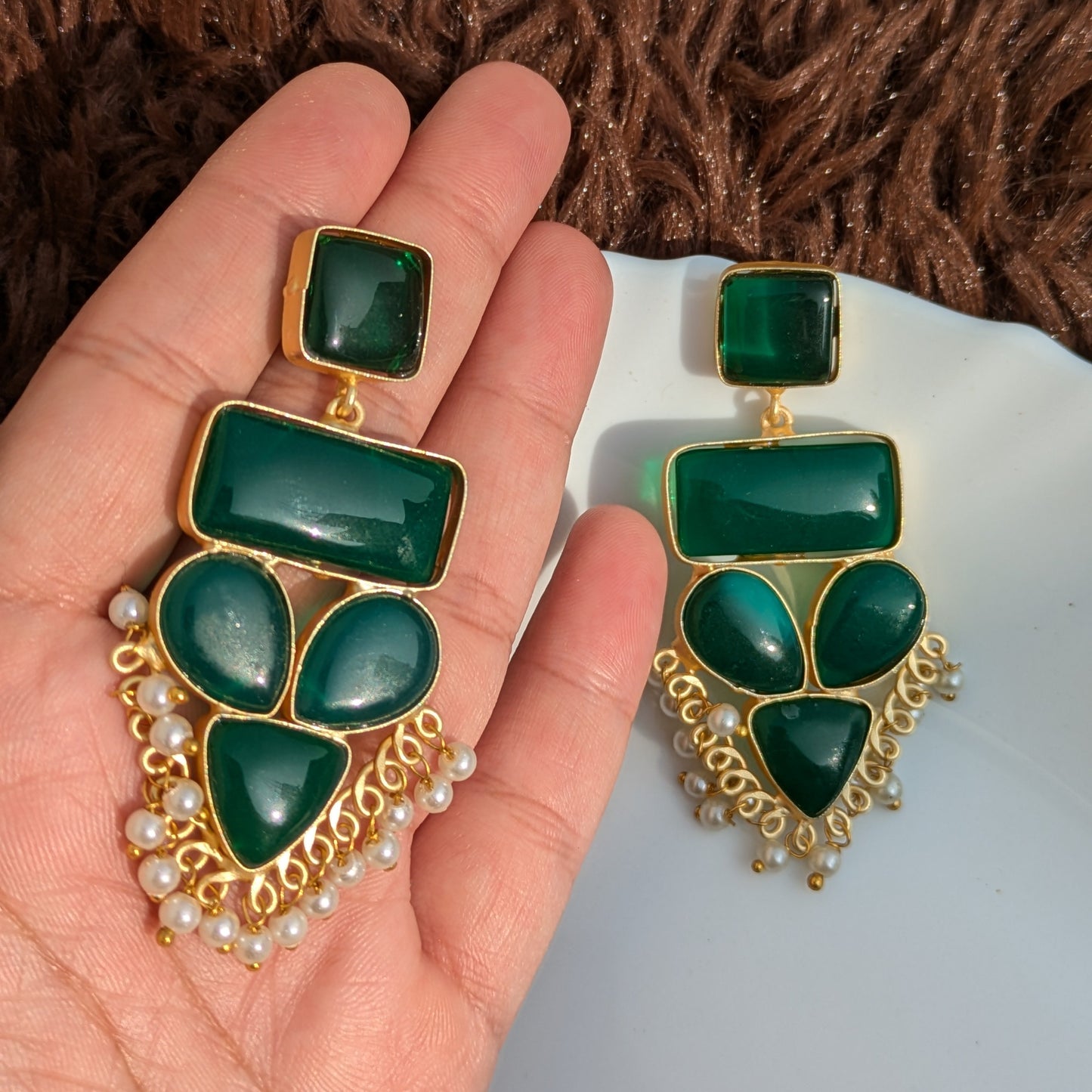 Green Geometric Monalisa Stone Earring